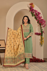 Women's Sage Green Yoke Embroidered Straight Cotton Kurta Set with Trousers & Contrast Printed Dupatta