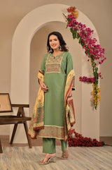 Women's Sage Green Yoke Embroidered Straight Cotton Kurta Set with Trousers & Contrast Printed Dupatta