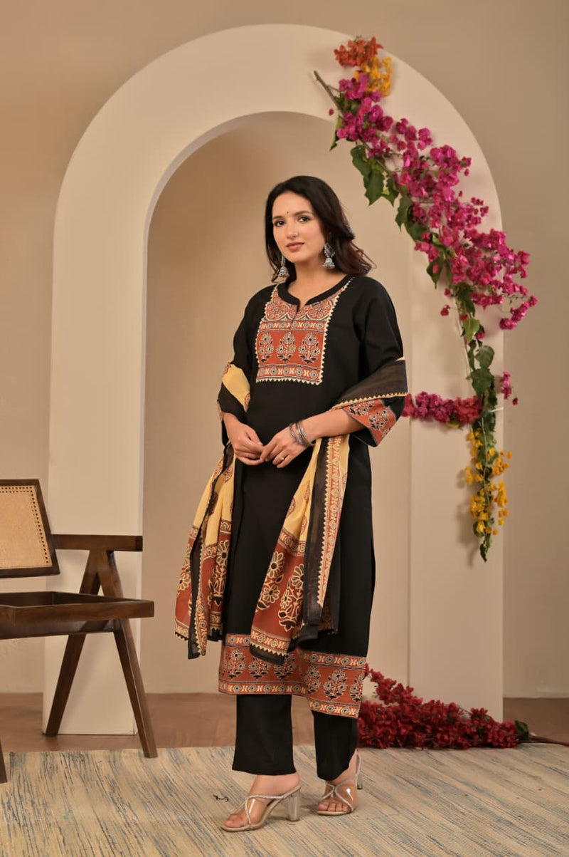 Women's Jet Black Yoke Embroidered Straight Cotton Kurta Set with Trousers & Contrast Printed Dupatta