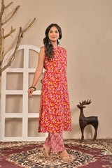 Women's Vibrant Red & Yellow Floral Printed Sleeveless Straight Kurta Set with Printed Trousers