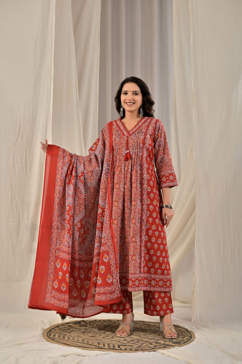 Women's Rust Red & Orange Ajrakh Printed Pleated Anarkali Kurta Set with Trousers & Dupatta