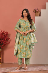 Women's Sage Green Floral Printed Gathered Anarkali Kurta Set with Trousers & Dupatta