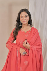 Women's Coral Pink Embroidered Straight Cotton Kurta Set with Trousers & Solid Dupatta