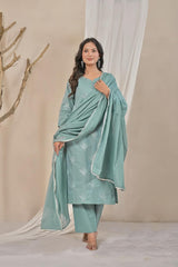Women's Sage Green Embroidered Straight Cotton Kurta Set with Trousers & Solid Dupatta