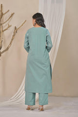 Women's Sage Green Embroidered Straight Cotton Kurta Set with Trousers & Solid Dupatta