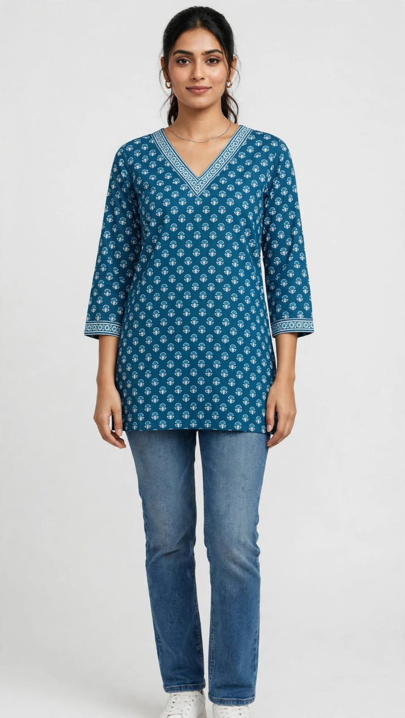 Teal Blue & White Small Floral Block Printed V-Neck Cotton Short Kurti / Tunic