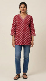 Maroon & White Small Floral Block Printed V-Neck Cotton Short Kurti / Tunic