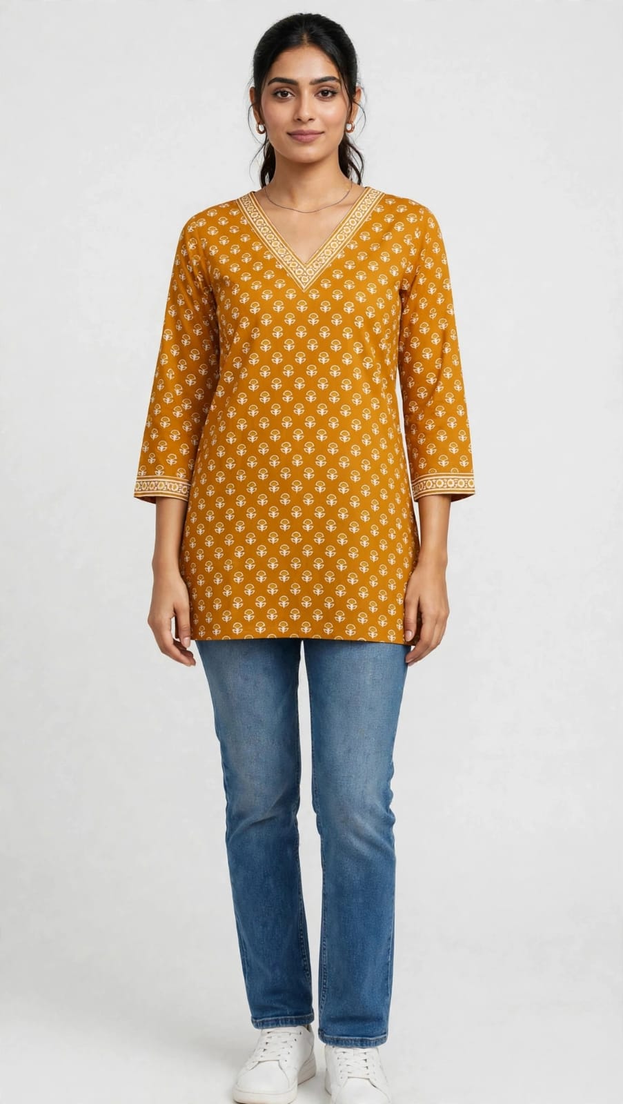 Mustard Yellow & White Small Floral Block Printed V-Neck Cotton Short Kurti / Tunic