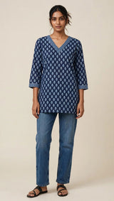 Indigo Blue & White Small Floral Block Printed V-Neck Cotton Short Kurti / Tunic