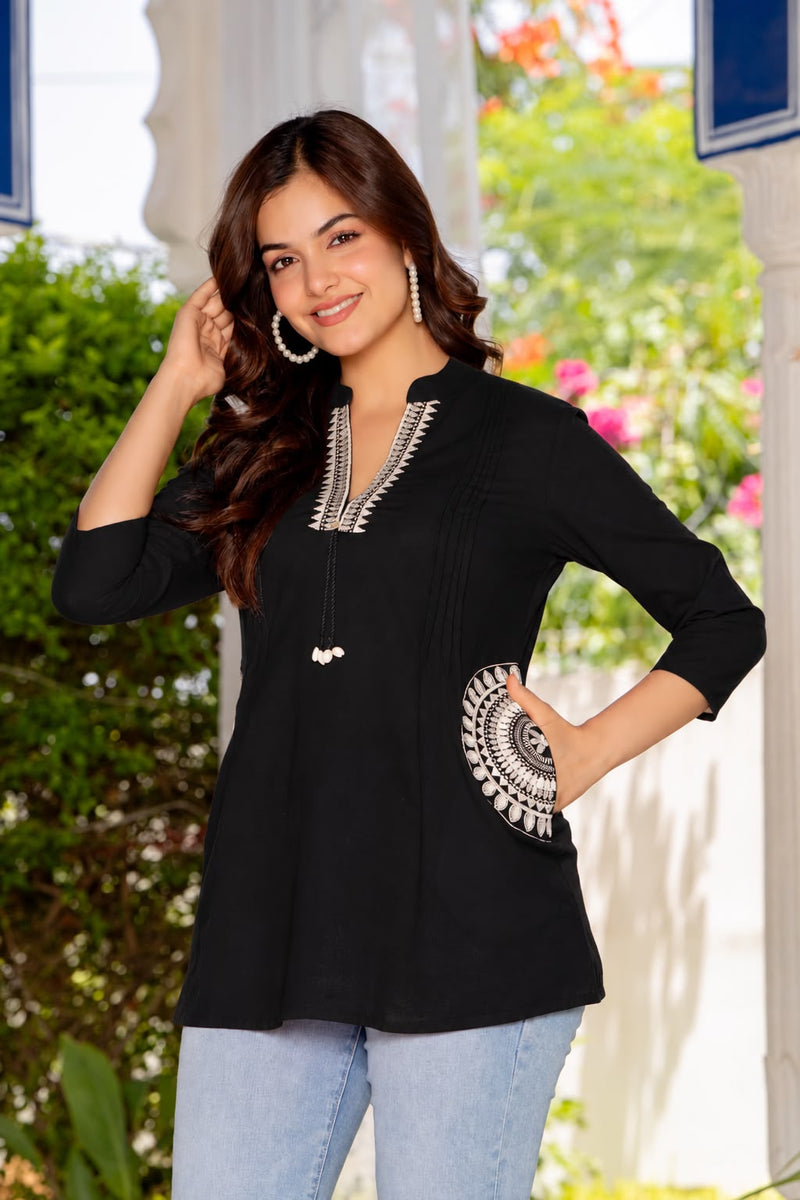 Black Cotton V-Neck Short Kurti / Tunic with Embroidered Neck, Pintucks & Circular Pocket Accent