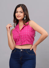 Pink Printed Lapel Collar Sleeveless Button-Down Crop Top