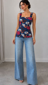 Navy Blue Floral Printed Square Neck Sleeveless Tank Top
