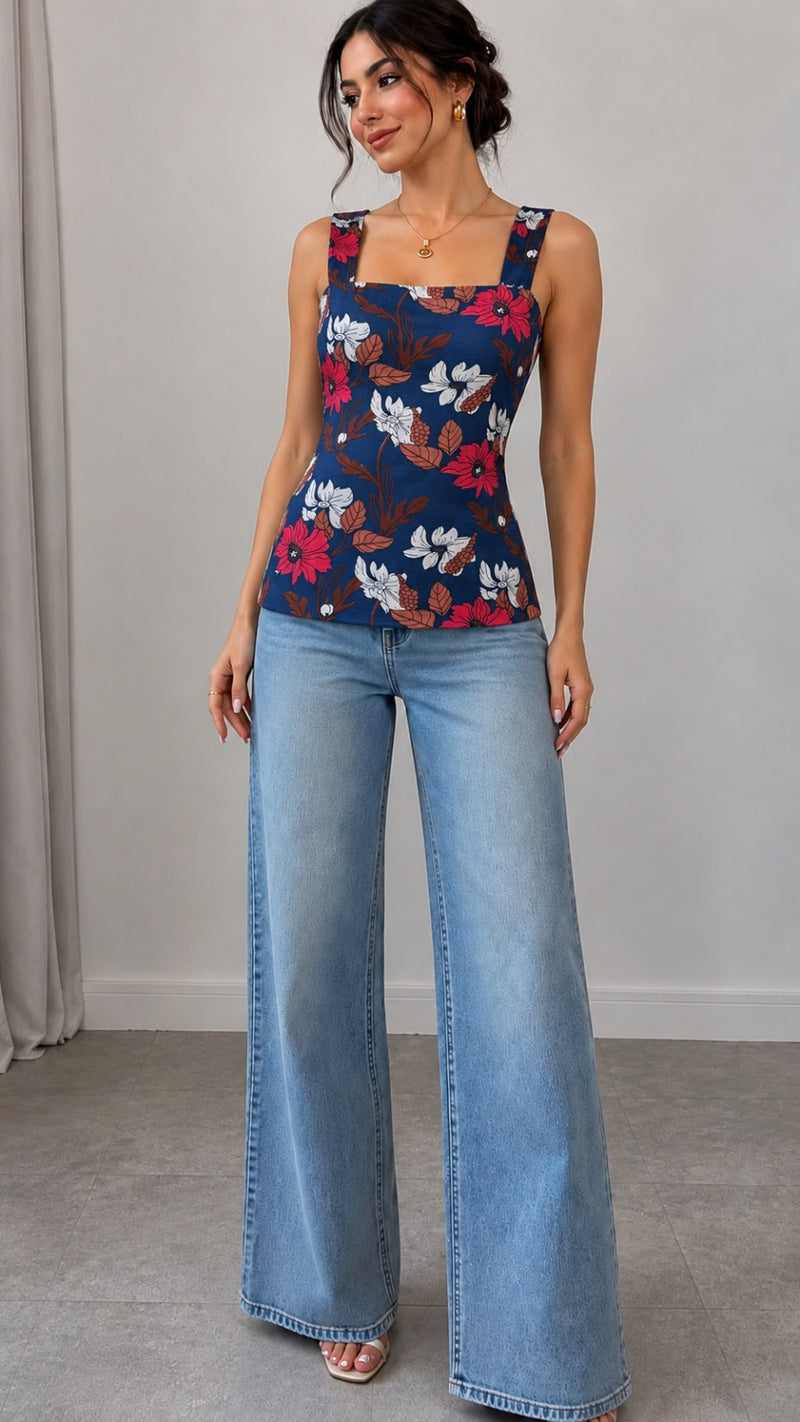 Navy Blue Floral Printed Square Neck Sleeveless Tank Top