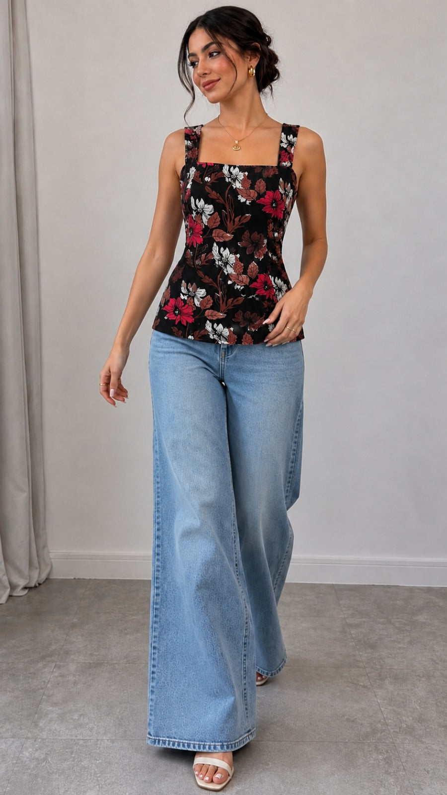 Black Floral Printed Square Neck Sleeveless Tank Top
