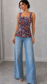 Navy Blue Paisley Floral Printed Square Neck Sleeveless Tank Top
