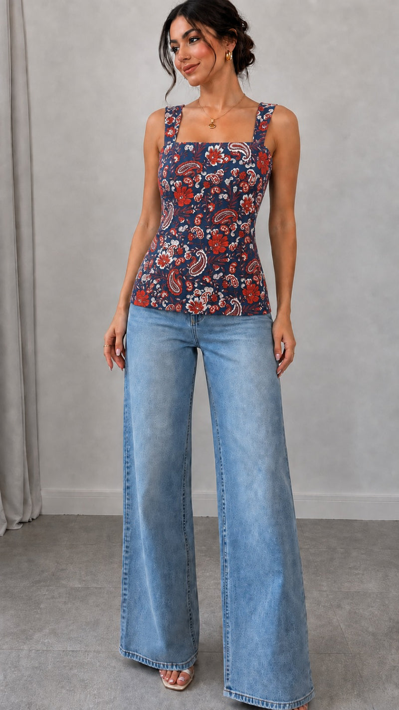 Navy Blue Paisley Floral Printed Square Neck Sleeveless Tank Top
