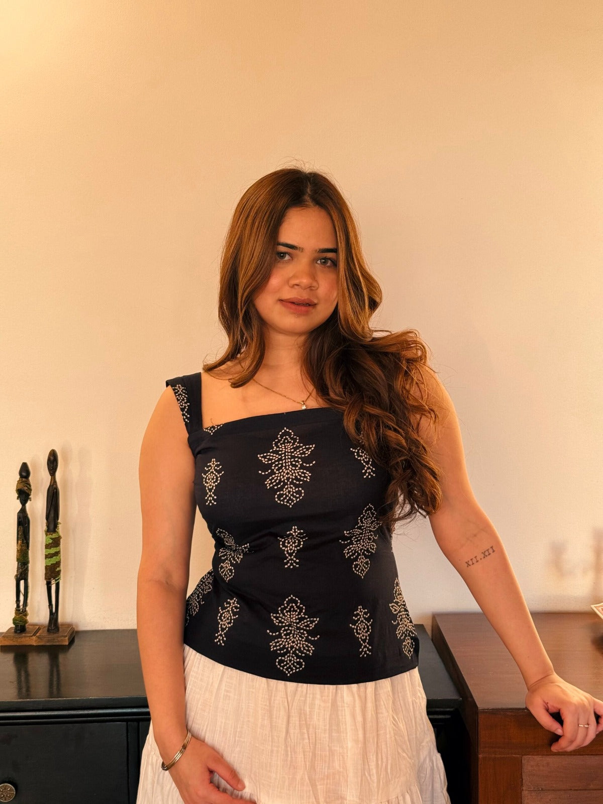Black Bandhani Ethnic Printed Square Neck Sleeveless Tank Top