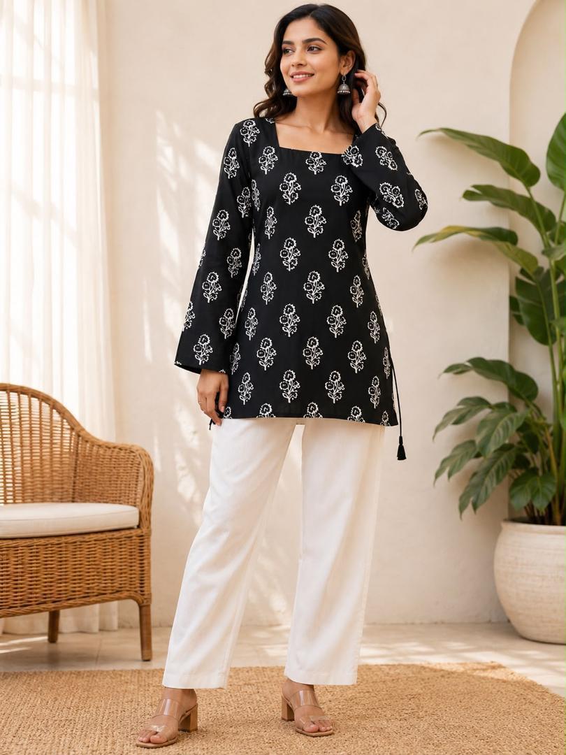 Black Block Printed Square Neck Full Sleeve Cotton Tunic Kurti