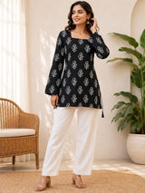 Black Block Printed Square Neck Full Sleeve Cotton Tunic Kurti