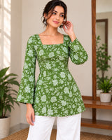 Olive Green Floral Printed Square Neck Bell Sleeve Cotton Tunic Kurti