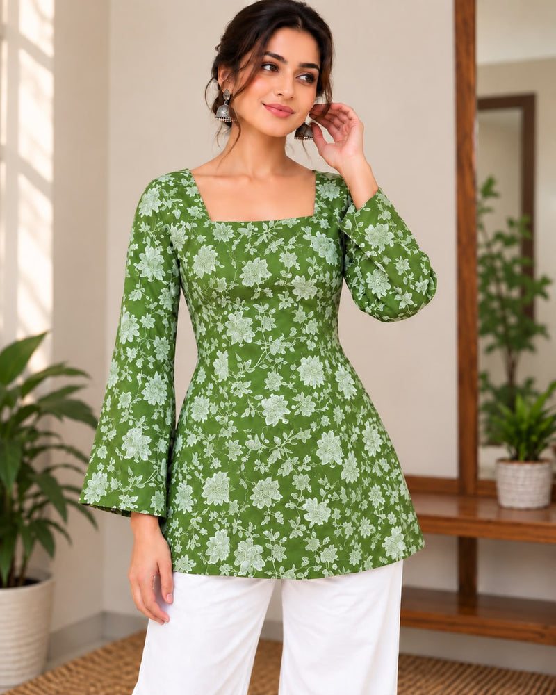 Olive Green Floral Printed Square Neck Bell Sleeve Cotton Tunic Kurti