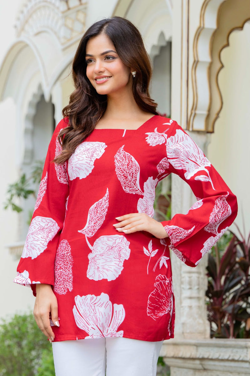 Red Floral Printed Square Neck Bell Sleeve Cotton Tunic Kurti