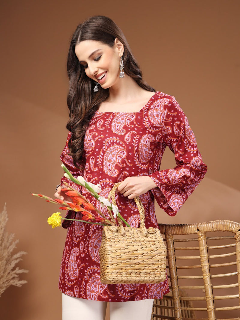 Maroon Paisley Printed Square Neck Bell Sleeve Cotton Tunic Kurti
