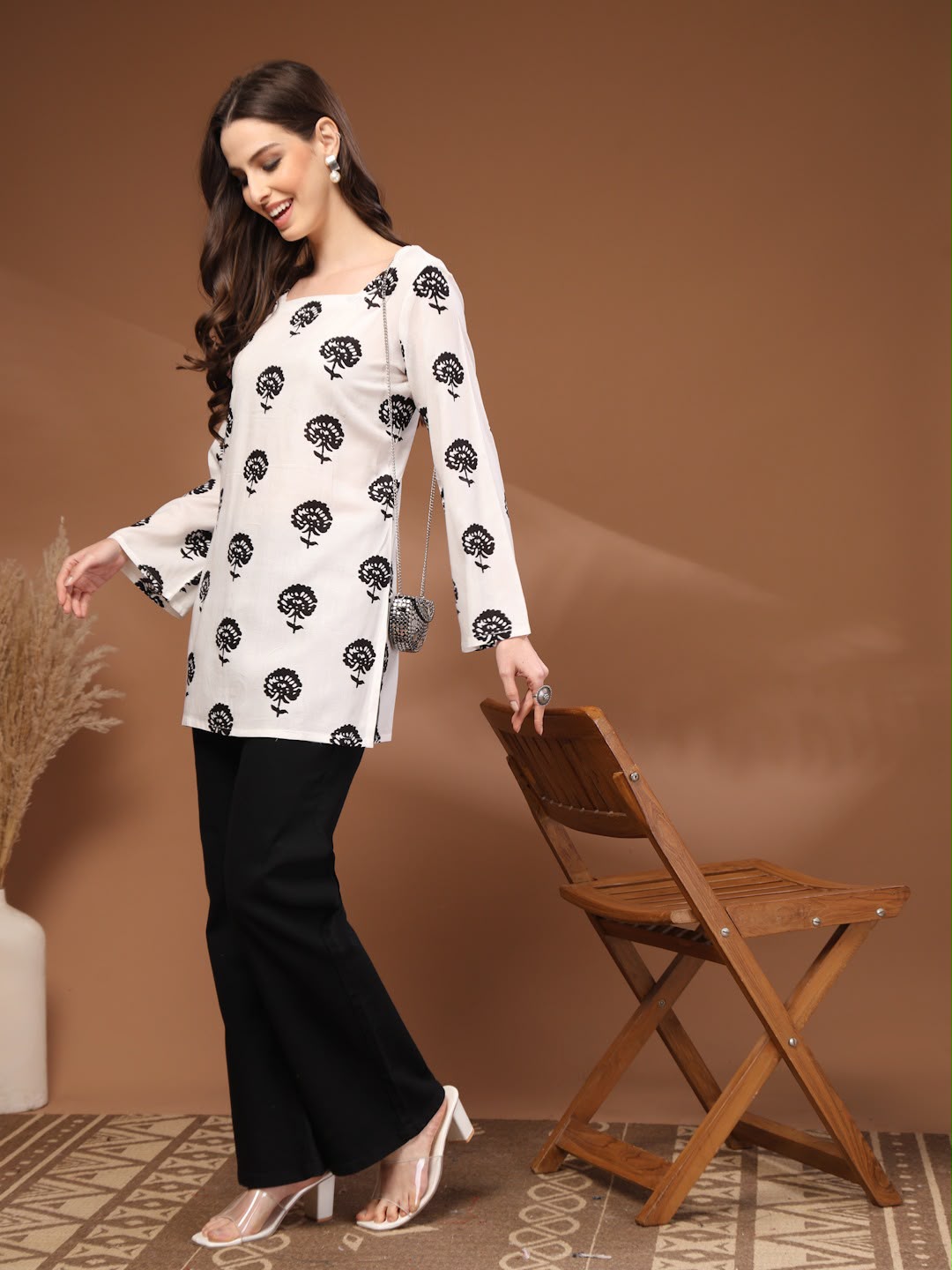 White Block Printed Square Neck Bell Sleeve Cotton Tunic Kurti