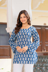 Blue Floral Block Printed Square Neck Bell Sleeve Cotton Tunic Kurti