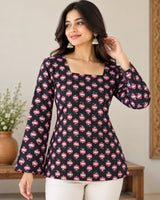 Black Floral Printed Square Neck Bell Sleeve Cotton Tunic Kurti