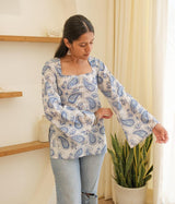 White & Blue Paisley Block Printed Square Neck Bell Sleeve Cotton Tunic Kurti
