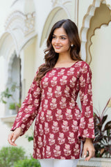 Maroon Floral Block Printed Square Neck Bell Sleeve Cotton Tunic Kurti