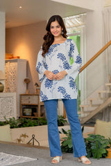 White & Blue Dandelion Printed Square Neck Bell Sleeve Cotton Tunic Kurti