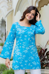 Sky Blue Floral Printed Square Neck Bell Sleeve Cotton Tunic Kurti