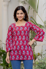 Crimson Pink Floral Block Printed Square Neck Bell Sleeve Cotton Tunic Kurti
