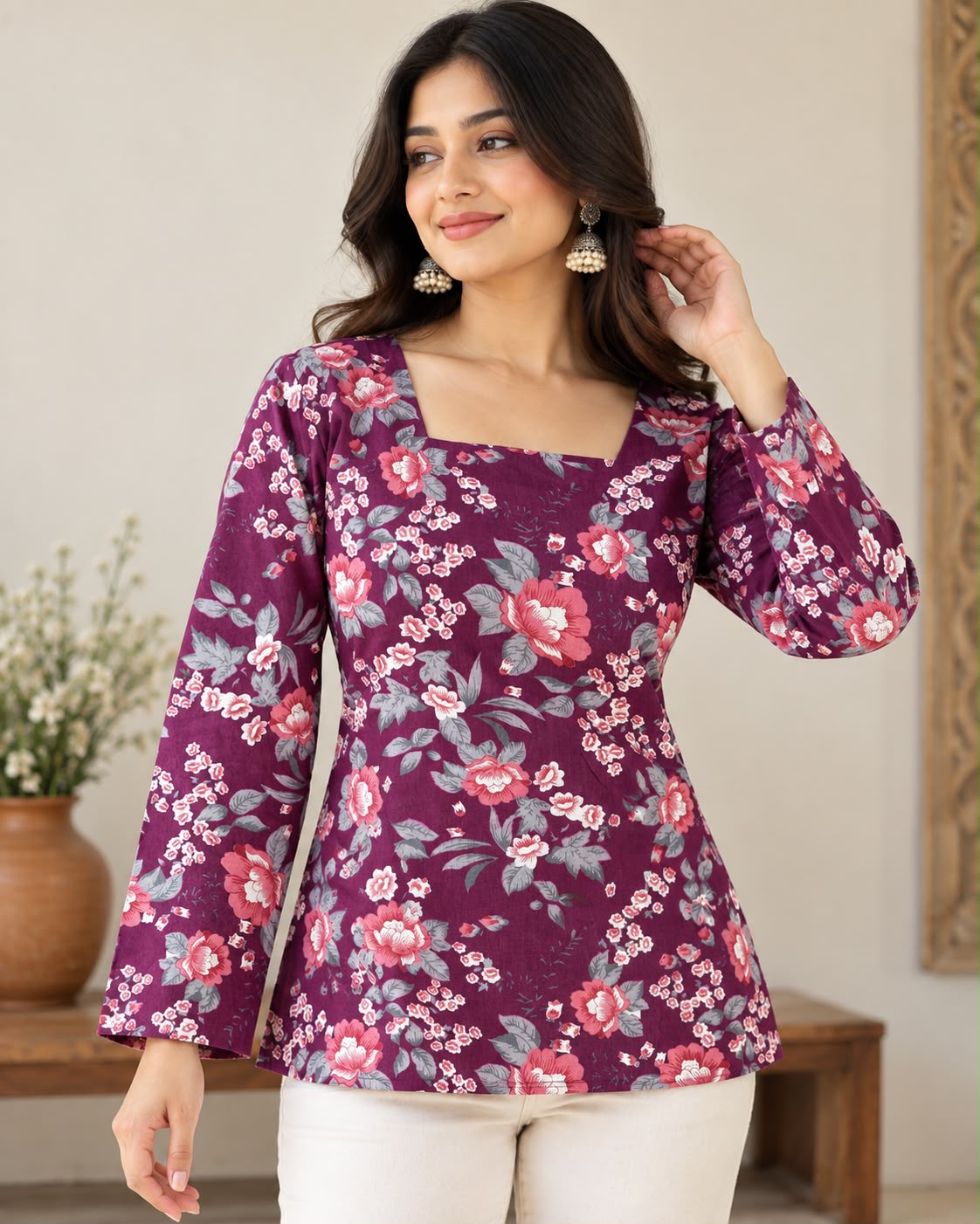 Purple Floral Printed Square Neck Bell Sleeve Cotton Tunic Kurti