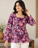 Purple Floral Printed Square Neck Bell Sleeve Cotton Tunic Kurti