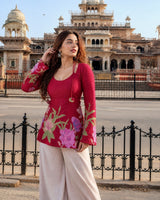 Magenta Floral Painted Scoop Neck Bell Sleeve Cotton Tunic Top