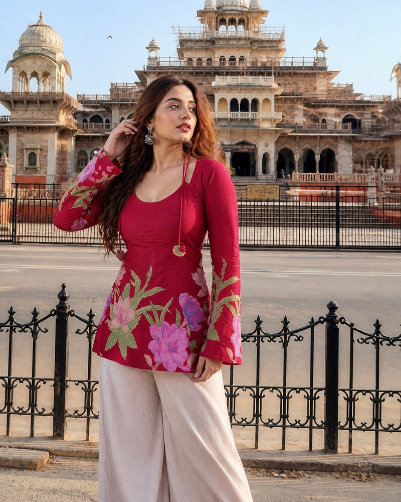 Magenta Floral Painted Scoop Neck Bell Sleeve Cotton Tunic Top