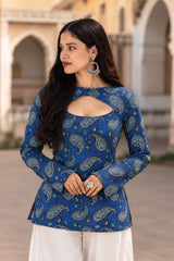 Indigo Paisley Printed Keyhole Neck Cotton Short Kurti