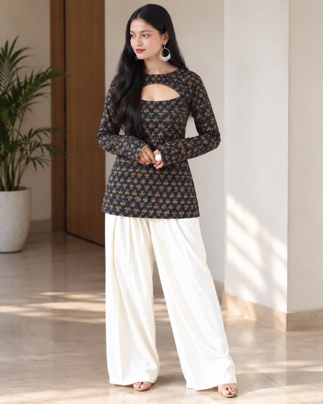Dark Green Floral Printed Keyhole Neck Cotton Short Kurti