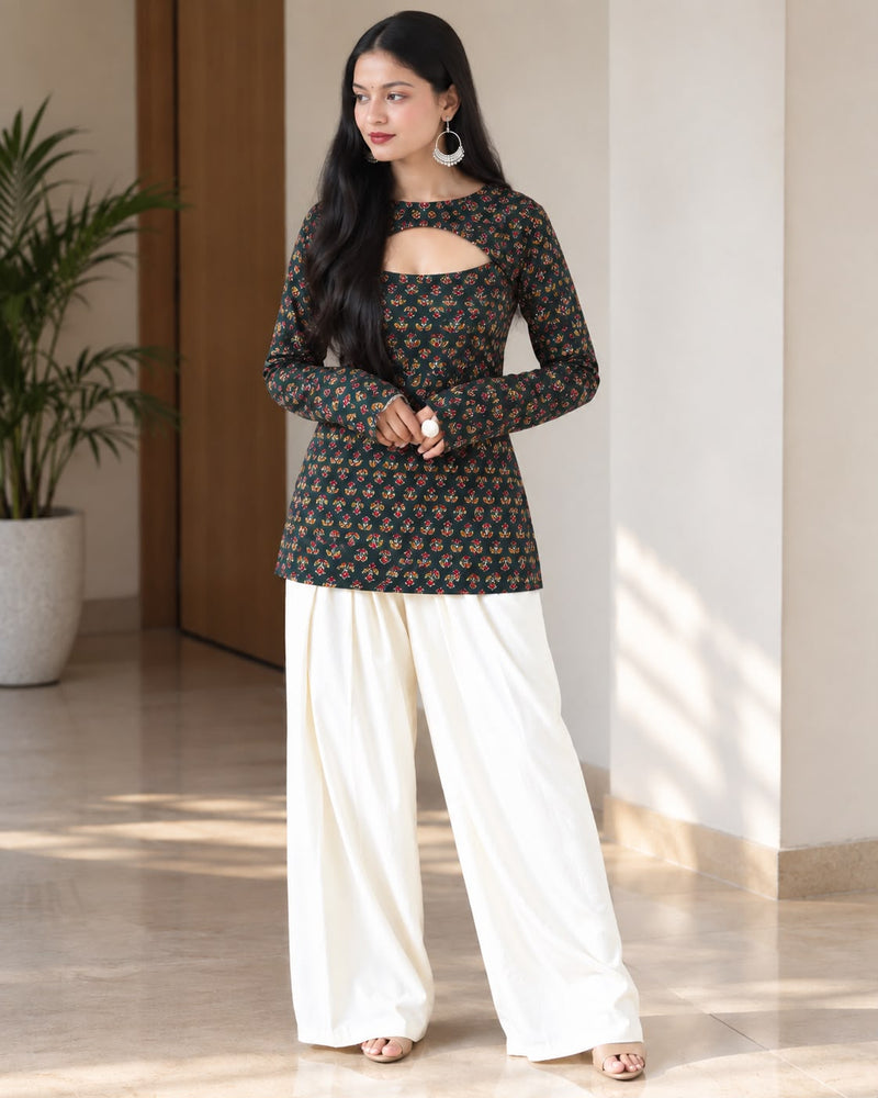 Dark Green Floral Printed Keyhole Neck Cotton Short Kurti