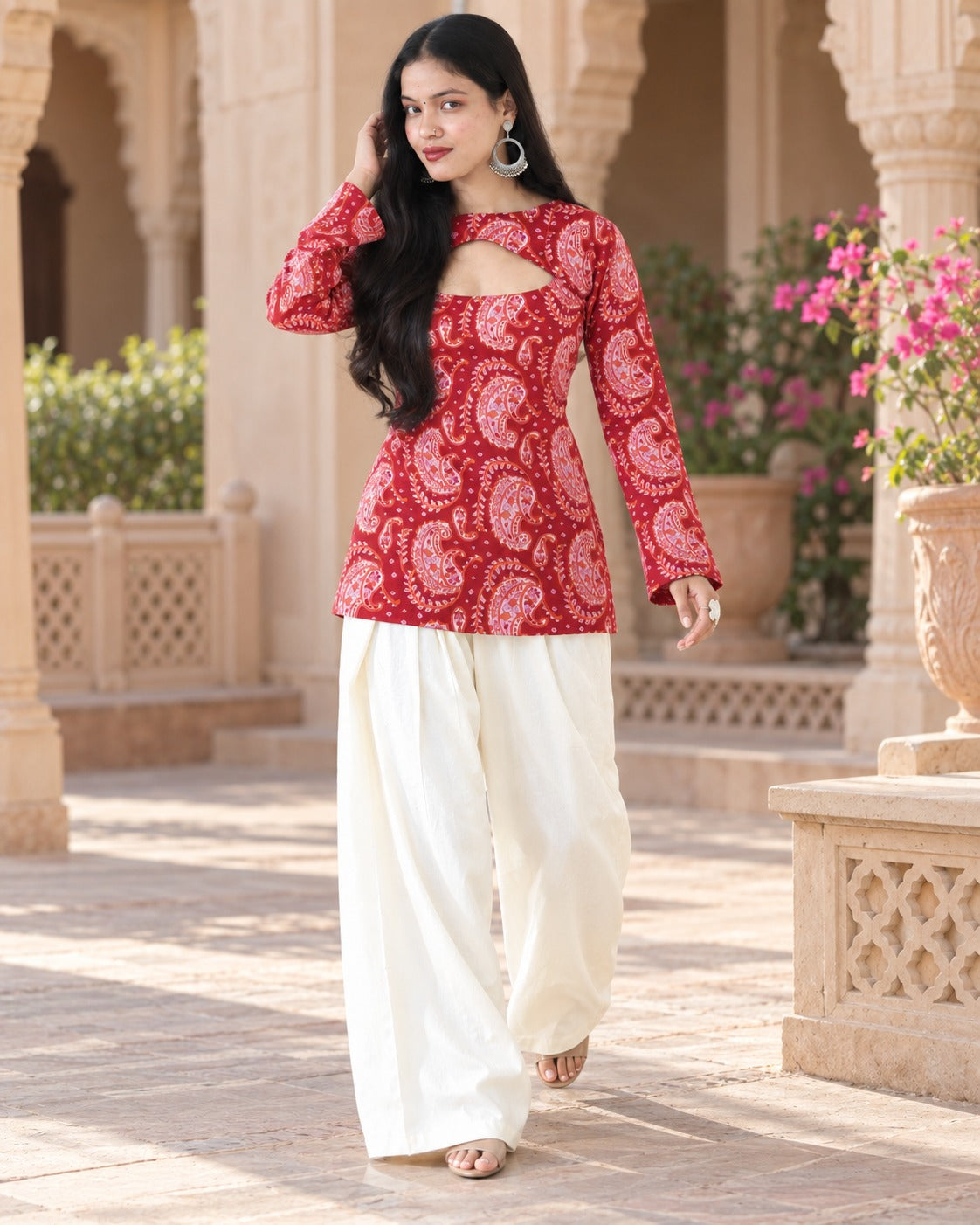 Red Paisley Printed Keyhole Neck Cotton Short Kurti