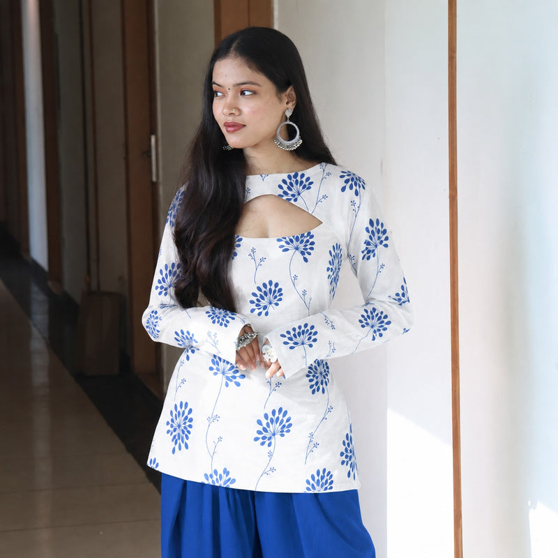 Off-White & Blue Floral Printed Keyhole Neck Cotton Short Kurti