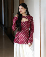 Off-White & Pink Floral Printed Keyhole Neck Cotton Short Kurti / Tunic