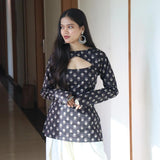 Black & Gold Floral Printed Keyhole Neck Cotton Short Kurti / Tunic