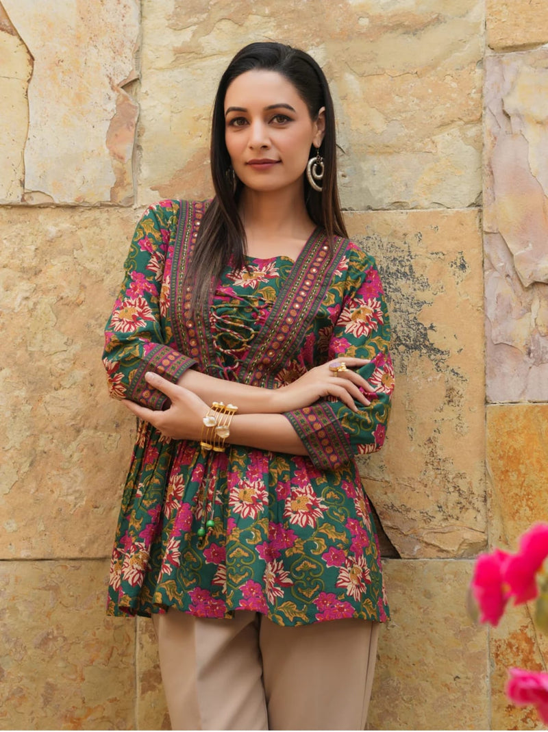 Green & Pink Floral Printed Mirror Work Front Lace-Up Cotton Short Kurti / Tunic