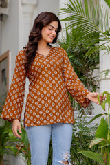 Rust Brown Geometric Floral Block Printed V-Neck Cotton Short Kurti / Tunic
