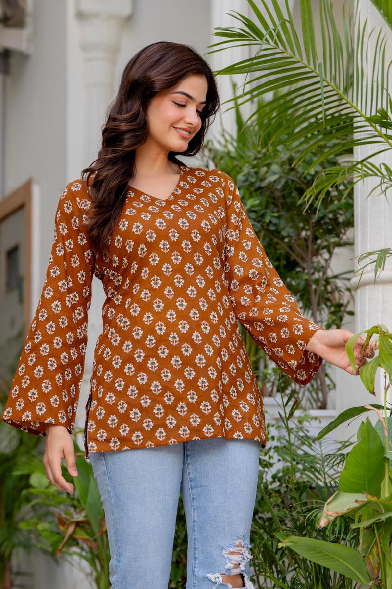 Rust Brown Geometric Floral Block Printed V-Neck Cotton Short Kurti / Tunic