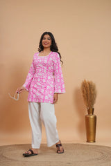 Pink & White Floral Printed Lace Border Cotton Short Kurti / Tunic
